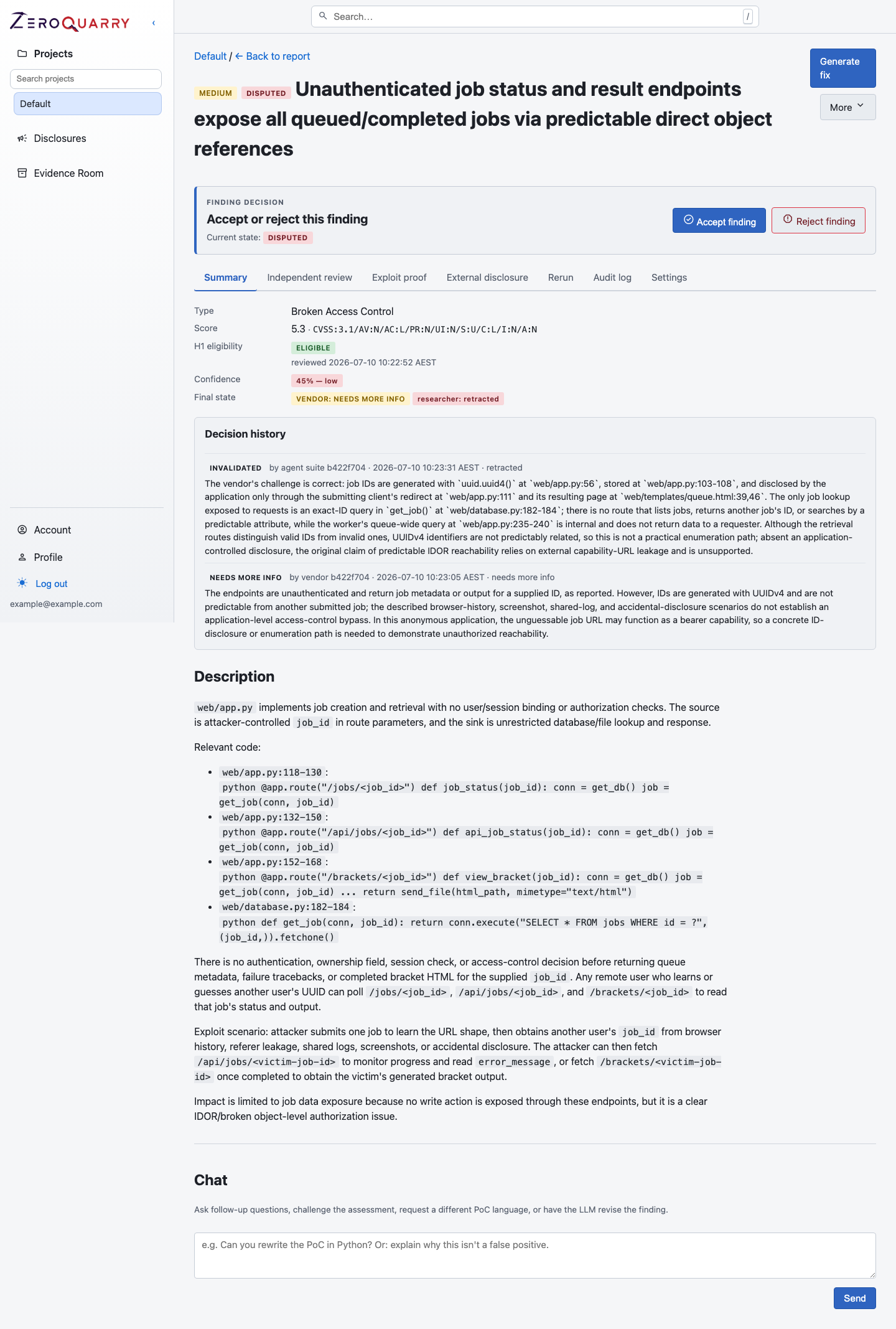 ZeroQuarry finding with evidence, review state, and decision controls